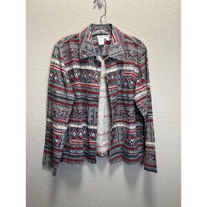 Coldwater Creek Women’s  Aztec-Inspired Long Sleeve Button-Down Jacket Linen-Ble